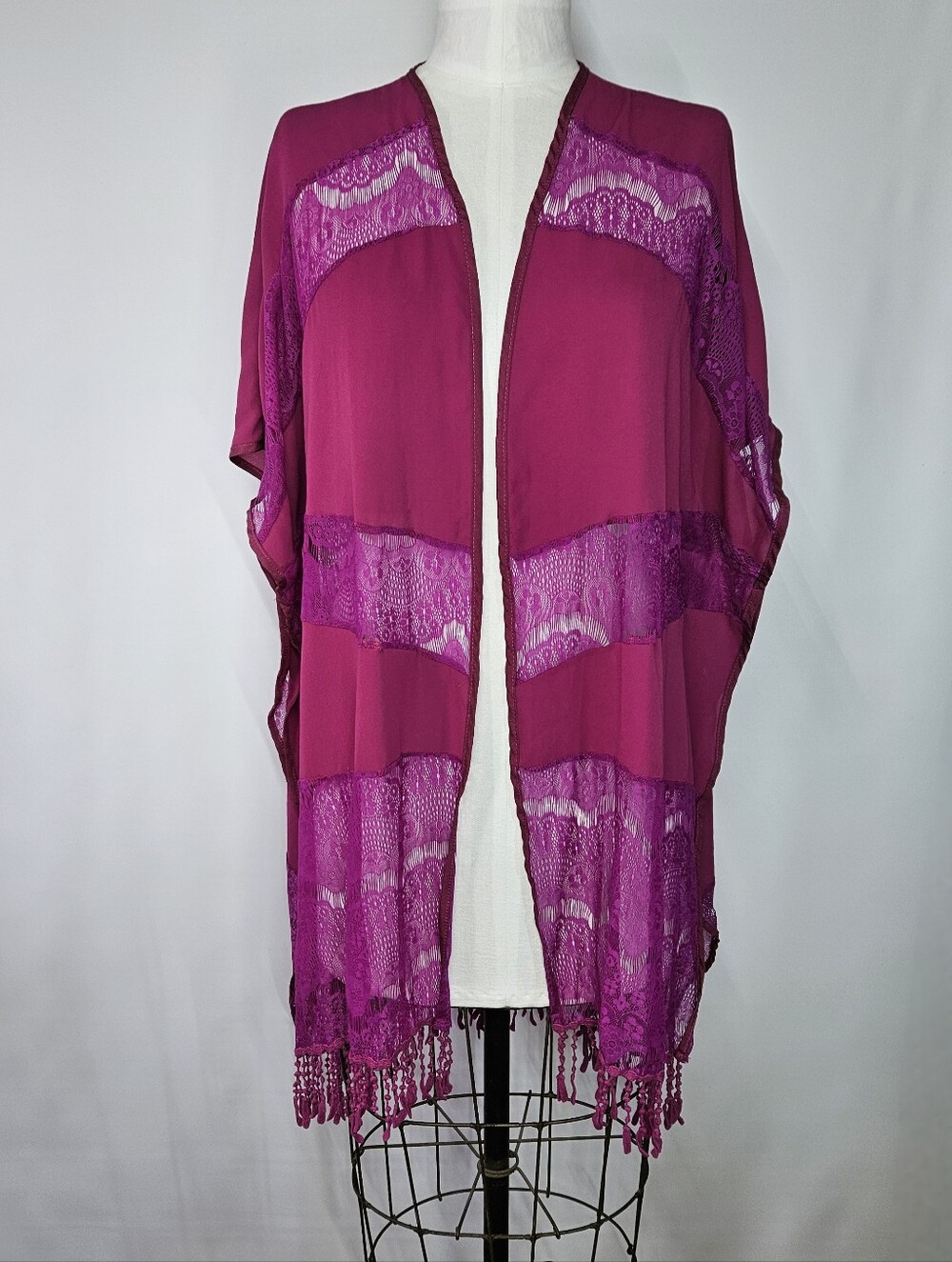 Mi ami Size L Wrap Cover-Up Sheer Fuchsia Lace Tassel Fringe Boho Kimono Duster